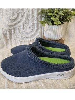 OOFOS OOcoozie Mule Slip On Recovery Shoes Blue Sherpa Fleece Men's Size 11